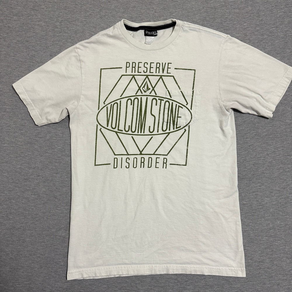 Y2K Volcom Stone Preserve Disorder Graphic Tee Cream Skate Surf Mens Medium